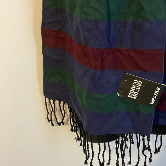 Enrico Milano Reversible Striped Silk Scarf Fringe OS Navy Maroon Green